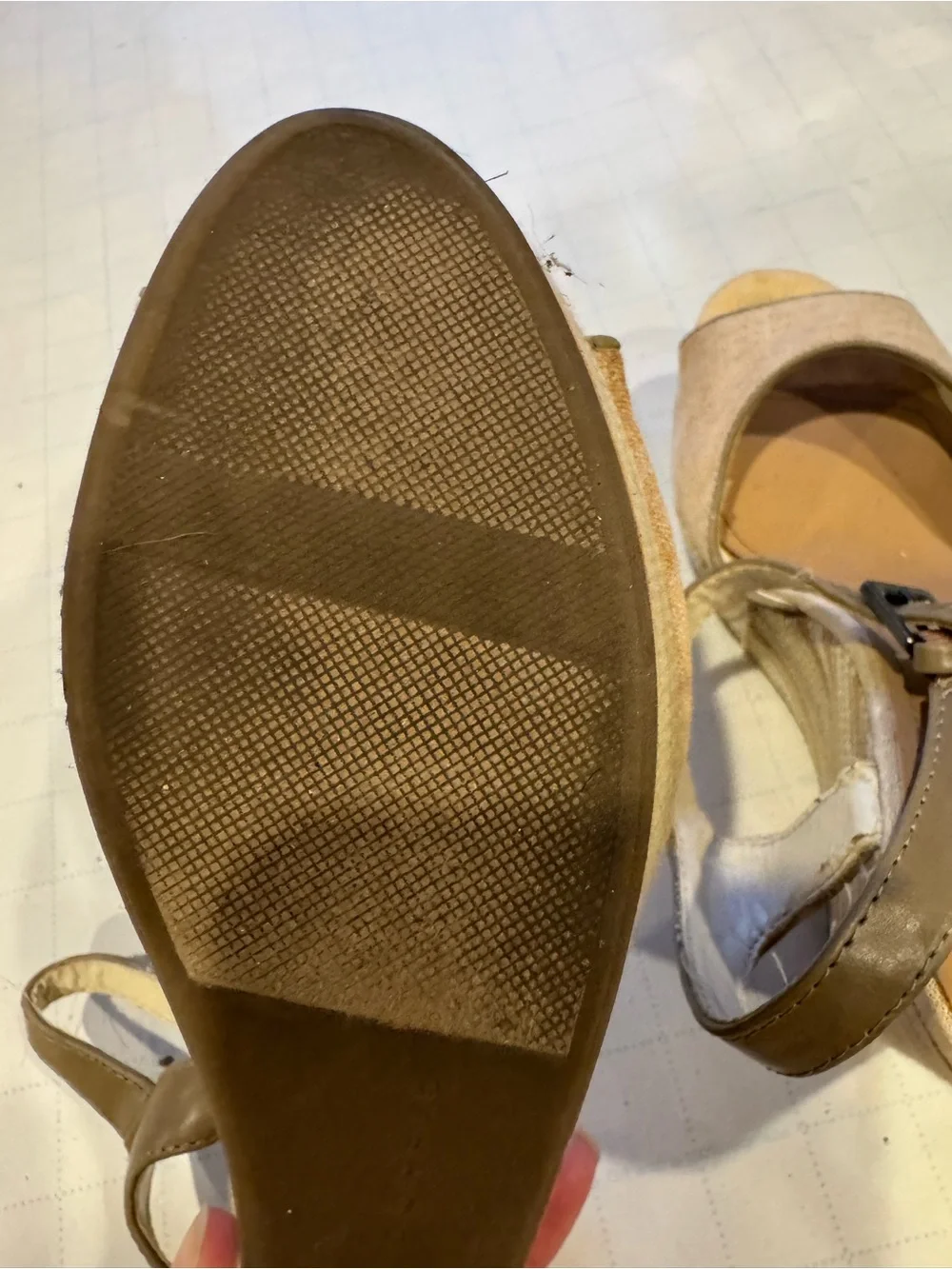 LC Lauren Conrad Beige Linen & Taupe Leather Ankle-Strap Heels